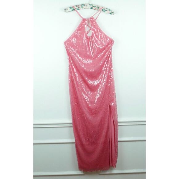Urban Outfitters Large Harley Sequin Maxi Dress Y2K Pink Prom Girly Halter Glam - Picture 1 of 13